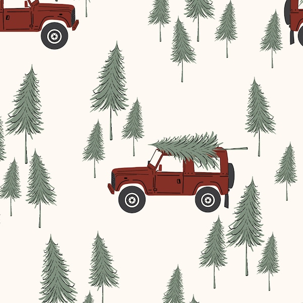 Red Christmas Jeep Fabric, Christmas Tree Fabric, Fabric by the Yard, Quilting Cotton, French Terry,Canvas,Sateen, Jersey, Bamboo, Rib Knit