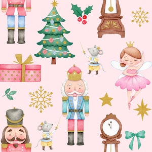 以下が含まれることがあります： くるみ割り人形、バレリーナ、クリスマスツリー、ネズミ、時計、プレゼントボックス、雪の結晶が描かれた水彩画のクリスマスシーンです。イラストはピンク色の背景です。