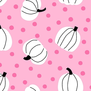 White Pumpkins on Pink Polka Dot Fabric, Fabric by the Yard, Halloween Fabric, Hey Cute, Quilting Cotton, Bamboo, Jersey, Canvas, Spandex
