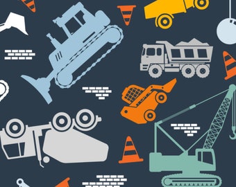 Navy Construction Trucks Fabric, Tractor Fabric, Fabric by the Yard, Quilting Cotton, Broadcloth, Minky, Knit Fabric, Sateen, Ribbed Knit