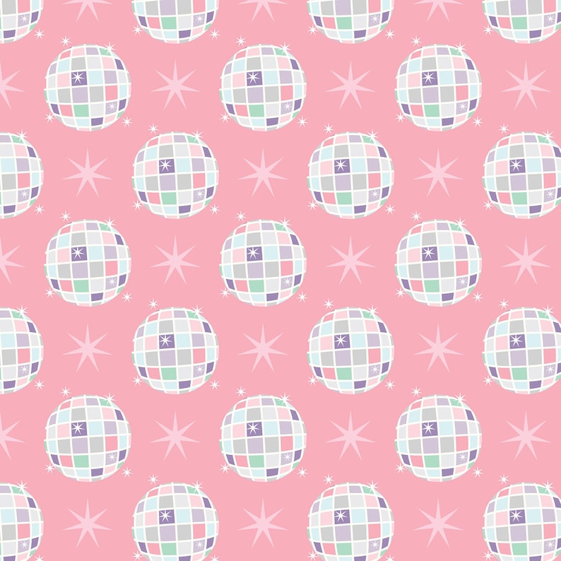 May include: A repeating pattern of disco balls and starbursts on a pink background. The disco balls are composed of pastel-colored squares, and the starbursts are a lighter shade of pink. This design is suitable for fabric, wallpaper, or wrapping paper.