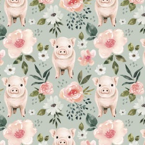 Mint Green Pig Floral Fabric, Fabric by the Yard, Cate and Rainn, Farm Fabric, Quilting Cotton, Jersey, Spandex, Canvas, Sateen, Minky