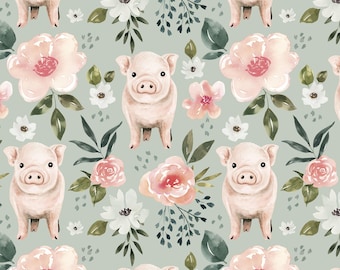 Mint Green Pig Floral Fabric, Fabric by the Yard, Cate and Rainn, Farm Fabric, Quilting Cotton, Jersey, Spandex, Canvas, Sateen, Minky