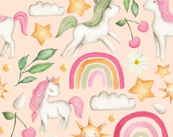 Rainbow Unicorn Fabric, Girls Fabric, Fabric by the Yard, Tori Egeler, Quilting Cotton, Knit Fabrics, Swim Fabric, Minky, Sateen, Jersey