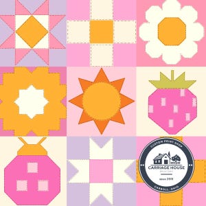 May include: A colorful patchwork quilt design featuring various geometric shapes and floral patterns. The quilt includes a star, a flower, a sun, and a strawberry, all in vibrant shades of pink, orange, and white. The design is set against a light pink and cream background.
