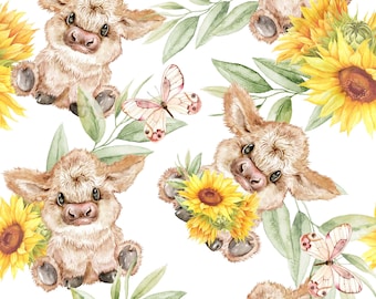 Tessuto con motivo a mucca e girasole Baby Highland, tessuto tagliato su misura, tessuto con animali da fattoria, Tori Egeler, cotone per trapuntatura, raso, panno, jersey