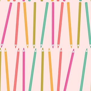 Pink Colored Pencil Fabric, Back to School Fabric, Fabric by the Yard, Ashes + Ivy, Quilting Cotton, Knit Fabric, Canvas, Spandex, Jersey