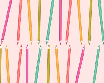 May include: A seamless pattern of colorful pencils on a light pink background. The pencils are arranged in a diagonal pattern, with the tips of the pencils pointing towards the center of the pattern. The colors of the pencils are red, orange, yellow, green, blue, and purple.