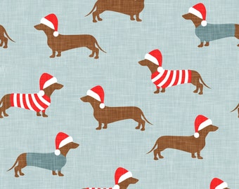 Christmas Dachshund Fabric, Santa Dog Fabric, Fabric by the Yard, Little Arrow, Quilting Cotton, Dog Bandana Fabric, Knit Fabric, Spandex