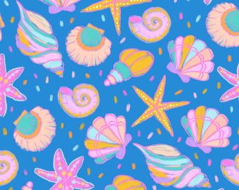 Colorful Seashell Fabric, Fabric by the Yard, Colour and Joy, Seashell Swim Fabric, Boardshort Fabric, Quilting Cotton, Knit Fabric, Jersey