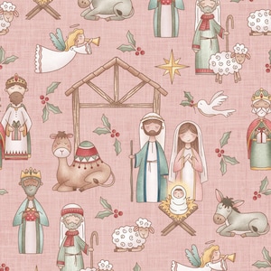 Pink Nativity Scene Fabric, Religious Christmas Fabric, Fabric by the Yard, Krystal Winn, Quilting Cotton, Knit Fabric, Broadcloth, Minky