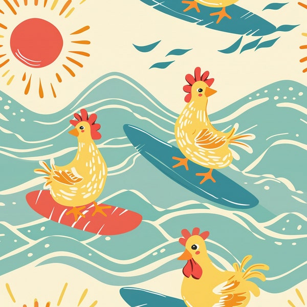 Surfing Chicken Fabric, Fabric by the Yard, Tori Egeler, Quilting Cotton, Apron Fabric, Farm Fabric, Knit Fabric, Canvas, Sateen, Spandex