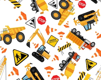 Construction Site Fabric, Tractors and Dump Trucks Fabric, Fabric by the Yard, Quilting Cotton, Broadcloth, Spandex, Jersey, Minky, Sateen