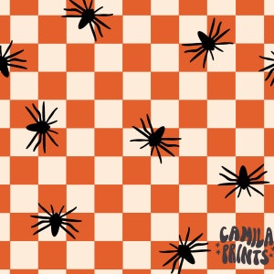 Halloween Checker Fabric, Spider Fabric, Fabric by the Yard, Camila Prints, Broadcloth, Quilting Cotton, Knit Fabric, Canvas, Ribbed Knit