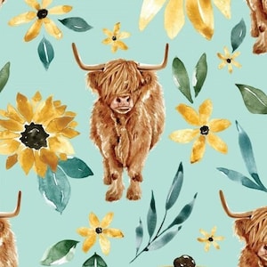 Blue Sunflower Cow Fabric, Fabric by the Yard, Cate and Rainn, Highland Cow, Custom Fabric, Quilting Cotton, Canvas, Spandex, Bamboo