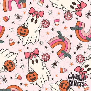 Pink Ghost Fabric, Pink Halloween Fabric, Fabric by the Yard, Camila Prints, Broadcloth, Quilting Cotton, Knit Fabric, Canvas, Ribbed Knit