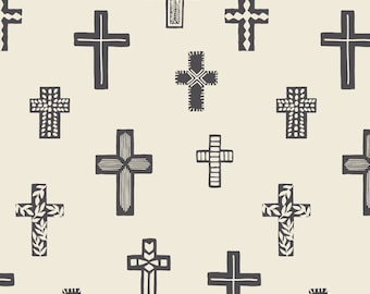 Cream and Gray Cross Fabric, Easter Fabric, Erin Kendal, Quilting Cotton, Fat Quarter, Bamboo, French Terry, Spandex, Jersey, Canvas