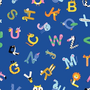 May include: A vibrant, repeating pattern of the alphabet, each letter creatively designed as an animal. The letters are in various colors, including yellow, pink, blue, and green, set against a deep blue background. The design is playful and whimsical.