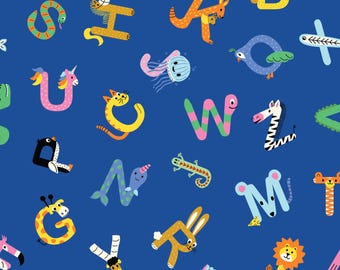 Animal Alphabet Fabric, ABC Fabric, Back to School Fabric, Fabric by the Yard, Sandra Hutter, Quilting Cotton, Knit Fabric, Canvas, Sateen