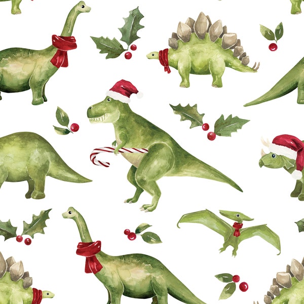 Christmas Dinosaur Fabric, Dinosaur Santa Fabric, Fabric by the Yard, Cate & Rainn, Quilting Cotton, Sateen, Jersey, Bamboo, Rib Knit