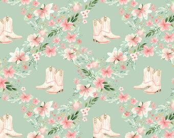 Green Cowgirl Boot Floral Fabric, Western Fabric, Fabric by the Yard, Kamides Studio, Quilting Cotton, Broadcloth, Knit Fabric, Canvas, Rib