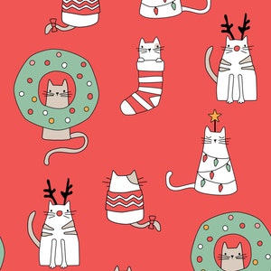 Christmas Cat Fabric, Christmas Kitty Fabric, Fabric by the Yard, Hey Cute Designs, Quilting Cotton, Broadcloth, Sateen, Minky, Jersey