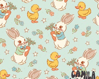 Blue Easter Bunny Fabric, Fabric by the Yard, Boy Easter Fabric, Camila Prints, Quilting Cotton, Sateen, Knit Fabric, Fat Quarter, Spandex