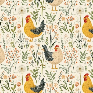 Peut inclure: Un motif sans couture représentant des poulets jaunes et beiges avec des marques noires, entourés d'une variété de feuillages verts et bruns et de petites fleurs blanches, roses et orange.