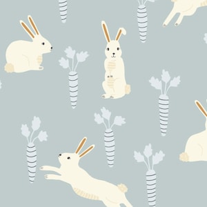 Blue Bunny and Carrot Fabric, Easter Bunny Fabric, Fabric by the Yard, Erin Kendal, Quilting Cotton, Bamboo, Sateen, Jersey, Spandex, Canvas