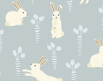 Blue Bunny and Carrot Fabric, Easter Bunny Fabric, Fabric by the Yard, Erin Kendal, Quilting Cotton, Bamboo, Sateen, Jersey, Spandex, Canvas