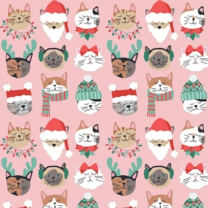 Christmas Cat Fabric, Pink Christmas Fabric, Fabric by the Yard, Hey Cute Designs, Quilting Cotton, French Terry, Jersey, Sateen, Broadcloth