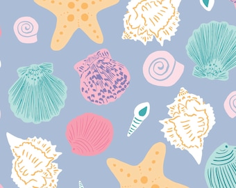 Seashell Fabric, Fabric by the yard, Indy Bloom Design, Summer Fabric, Swim Fabric, Boardshort Fabric, Quilting Cotton, Bamboo, Jersey
