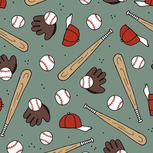 Green Baseball Game Fabric, Fabric by the Yard, Sports Fabric, Little Smile Makers, Quilting Cotton, Spandex, Knit Fabric, Canvas, Jersey