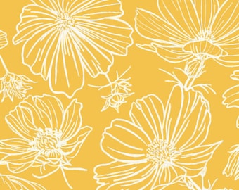Yellow Floral Outline Fabric, Fabric by the Yard, Hufton Studio, Quilting Cotton, Floral Swim Fabric, Bamboo, Canvas, Spandex, Ribbed Knit