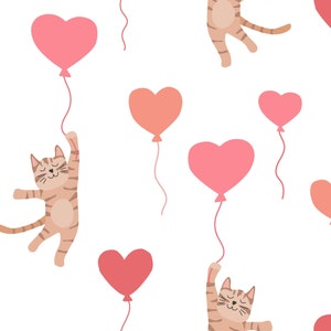 Cat Heart Balloon Fabric, Valentine&#39;s Day Fabric, Fabric by the Yard, Hey Cute Design, Quilting Cotton, Knit Fabric, Canvas, Spandex, Bamboo