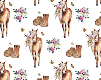 Floral Horse Cowgirl Fabric, Fabric by the Yard, Floral Cowgirl Boots Fabric, Quilting Cotton, Bamboo, Canvas, Jersey, Spandex, Sateen