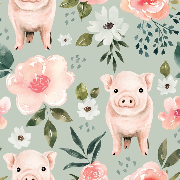 Mint Vintage Spring Pig Floral Fabric, Fabric by the Yard, Cate and Rainn, Farm Fabric, Quilting Cotton, Jersey, Spandex, Canvas, Sateen