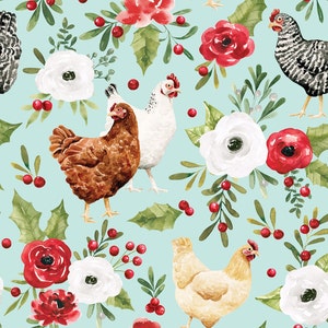 Blue Christmas Chicken Floral Fabric, Fabric by the Yard, Cate and Rainn, Christmas Fabric, Quilting Cotton, Organic Cotton, Spandex, Bamboo