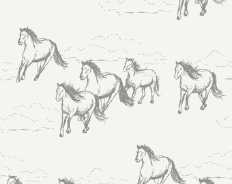 May include: A repeating pattern featuring sketched horses in various poses, running across a light background. The horses are depicted in a muted green-gray color, with flowing manes and tails. The design evokes a sense of movement and freedom.
