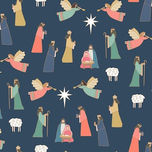 Blue Nativity Scene Fabric, Christmas Fabric, Religious Fabric, Fabric by the Yard, Hey Cute, Quilting Cotton, Knit Fabrics, Canvas, Minky