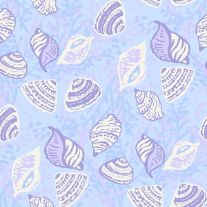 Tissu bleu clair avec des coquillages, tissu de plage d&#39;été, tissu par mètre, Jac Slade, coton matelassé, tissu de bain, boardshort, bambou, jersey