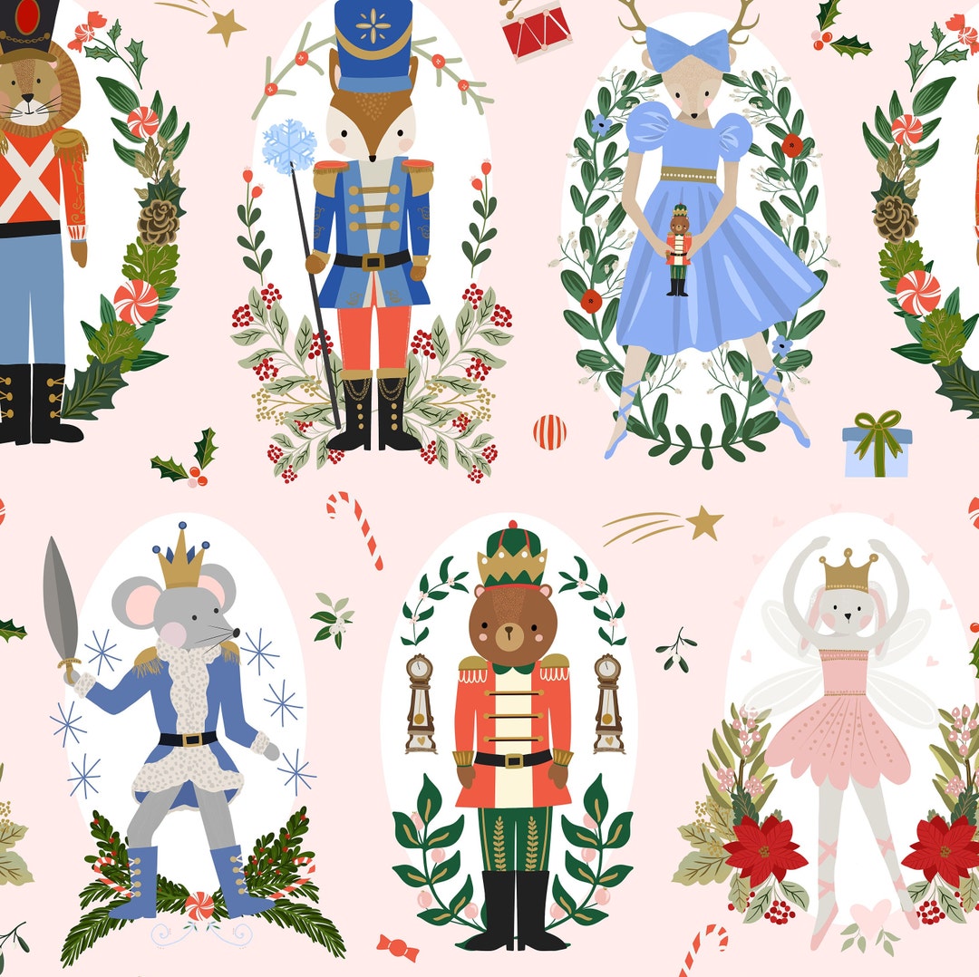 Pink Animal Nutcracker Fabric, Christmas Fabric, Fabric by the Yard