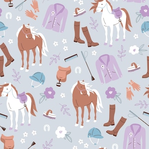 Blue Horseback Riding Fabric, Equestrian Fabric, Fabric by the Yard, Little Smilemakers, Quilt Fabric, Minky, Sateen, Canvas, Knit Fabrics