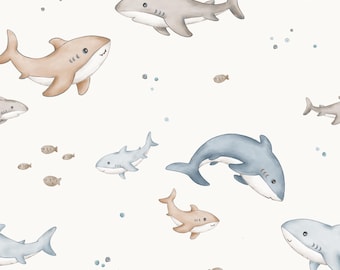 サメ柄生地（半ヤード）、海洋柄生地、プリントキルティングコットン