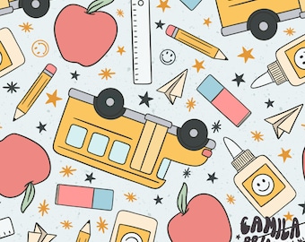 May include: A seamless pattern featuring yellow school buses, red apples, glue bottles, rulers, pencils, stars, and other school supplies. The pattern is on a light blue background with a white speckled texture. The text "Camila Prints" is in the bottom right corner.