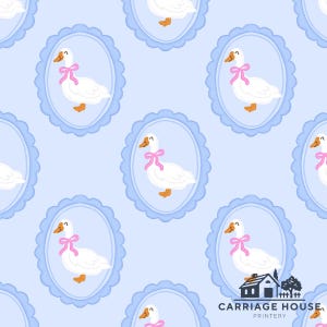 Pode incluir: Um padrão repetitivo com gansos brancos usando laços rosa, definidos em molduras ovais azuis claras com bordas onduladas. O fundo é azul claro suave. A imagem inclui o texto "CARRIAGE HOUSE PRINTERY".