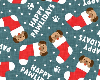 Blue Christmas Dog Fabric, Happy Pawlidays Fabric, Fabric by the Yard, Little Arrow Design, Quilting Cotton, Jersey, Canvas, Minky, Sateen