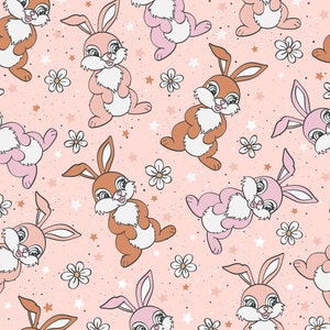 Pink Easter Bunny Fabric, Easter Bunny Flower and Stars, Fabric by the Yard, Quilting Cotton, Sateen, Knit Fabric, Canvas, Fat Quarter