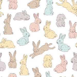 Multicolor Bunny Fabric, Easter Rabbit Fabric, Fabric by the Yard, Little Smile Makers, Quilting Cotton, Knit Fabric, Canvas, Spandex