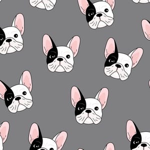 Gray French Bulldog Fabric, Frenchie Dog Fabric, Fabric by the Yard, Little Smilemakers, Quilting Cotton, Knit Fabric, Canvas, Minky